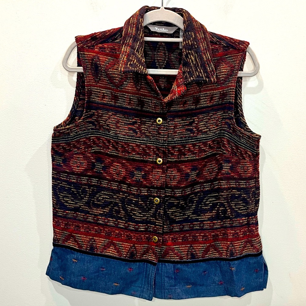 Vintage 90’s TanJay Tapestry Vest Denim Bottom Button Front‎ Women’s Size Medium